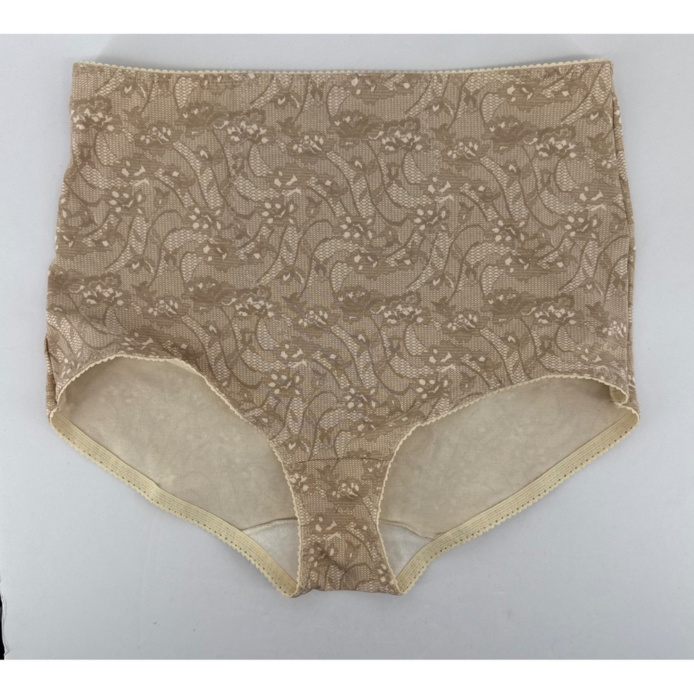Bali 8037 Lace N Smooth High Waist Brief Panty Tan Nude Floral Print 2XL